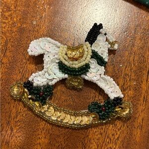 vintage beaded and sequined Christmas rocking horse brooch